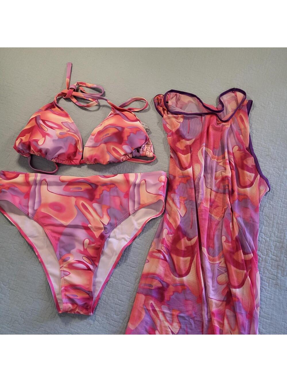 Bikini three-piece pink orange marble-print swimwear set women's 3XL NWOT padded